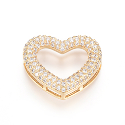 Golden Brass Micro Pave Clear Cubic Zirconia Multi-Strand Links, Heart, Golden, 17.5x21.5x6mm, Hole: 4.5~12.5x1.5mm