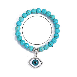 Eye of Horus Synthetic Turquoise Beaded Bracelets, Bohemia Style Alloy Charms Stretch Bracelets for Women, Eye of Horus Pattern, 6-3/4 inch(17cm), 8mm