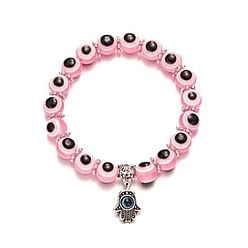 Pink Resin Bead Evil Eye Bracelet with Hamsa Hand Pendant Jewelry