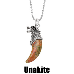 Unakite Vintage Wolf Fang Pendant Men's Necklace with Crystal Agate Accents - NKB607