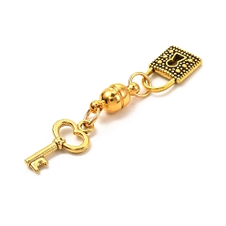 Golden Round Brass Magnetic Clasps with Loops, with  Alloy Pendants & 304 Stainless Steel Jump Rings, Key & Lock, Golden, 43mm