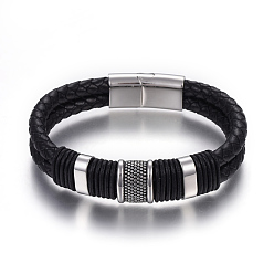 Stainless Steel Color Leather Braided Cord Bracelets, with 304 Stainless Steel Magnetic Clasps, Black, Stainless Steel Color, 8-5/8 inch(22cm), 12.5mm