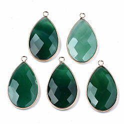 Green Natural Agate Pendants, with Light Gold Tone Brass Edge and Loops, Dyed, Faceted, Teardrop, Green, 37x21x5~6mm, Hole: 2.5mm