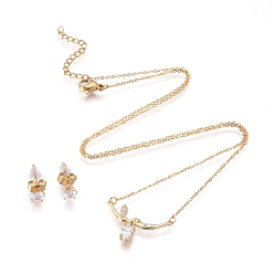 Golden 304 Stainless Steel Jewelry Sets, Brass Micro Pave Cubic Zirconia Pendant Necklaces and 304 Stainless Steel Stud Earrings, with Ear Nuts/Earring Back, Leafy Branch, Clear, Golden, 18.7 inch(47.5cm), 5.5x4mm, Pin: 0.8mm
