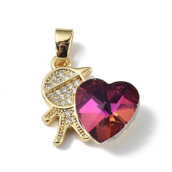 Medium Violet Red Real 18K Gold Plated Rack Plating Brass Micro Pave Clear Cubic Zirconia Pendants, with Glass, Long-Lasting Plated, Cadmium Free & Lead Free, Boy with Heart Charm, Medium Violet Red, 19.5x18x7.5mm, Hole: 5.5x3.5mm
