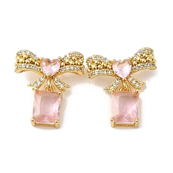 Pink Rack Plating Real 18K Gold Plated Brass Bowknot with Rectangle Dangle Stud Earrings, with Cubic Zirconia and Rhinestone, Long-Lasting Plated, Lead Free & Cadmium Free, Pink, 20.5x18.5mm