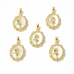 Shell Shell Pendants, with Brass Micro Pave Cubic Zirconia Findings, Oval with Rose Charm for Valentine's Day, 21x15.5x6mm, Hole: 5x2.5mm