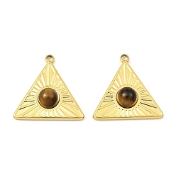 Tiger Eye Natural Tiger Eye Pendants, Ion Plating(IP) 316 Stainless Steel Triangle Charms, Real 24K Gold Plated, 21.5x21.5x5mm, Hole: 1.6mm