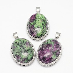 Ruby in Zoisite Natural Ruby in Zoisite Pendants, with Brass Findings, Oval, Platinum, 30x21x10~11mm, Hole: 6x4mm