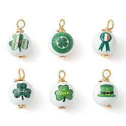 Green Saint Patrick's Day Printed Wood Pendants, Golden Tone Copper Wire Wrapped Round Charms, Green, 24~24.5x15~16.5mm, Hole: 4~4.5mm