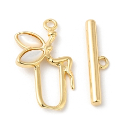 Real 18K Gold Plated Brass Toggle Clasps, with Shell, Fairy, Real 18K Gold Plated, Fairy: 18.5x10.5x3.5mm, Hole: 1.4mm, Bar: 17x4x2mm, Hole: 1mm