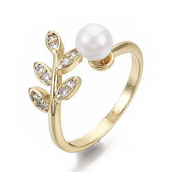 Real 18K Gold Plated Brass Micro Pave Clear Cubic Zirconia Cuff Finger Rings, Open Rings, with ABS Plastic Imitation Pearl Beads, Nickel Free, Leaf, Real 18K Gold Plated, Size 8, Inner Diameter: 18mm