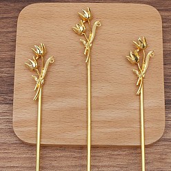 Golden Alloy Hair Stick Finding, Round Bead Settings, with Iron Pin, Flower, Golden, 120mm