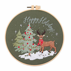 Deer DIY Christmas Theme Embroidery Kits, Including Printed Cotton Fabric, Embroidery Thread & Needles, Plastic Embroidery Hoop, Deer, 200x200mm