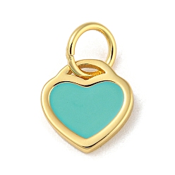 Medium Turquoise Rack Plating Brass Charms, with Jump Ring and Enamel, Cadmium Free & Lead Free, Long-Lasting Plated, Heart Charm, Real 18K Gold Plated, Medium Turquoise, 10x9.5x1mm, Hole: 4.4mm