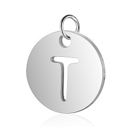 Letter T 304 Stainless Steel Charms, Flat Round with Letter, Stainless Steel Color, Letter.T, 12x1mm, Hole: 2.5mm