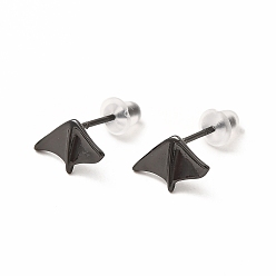 Electrophoresis Black Brass Asymmetrical Earrings for Women, Demons Wing Shape Stud Earrings, Electrophoresis Black, 11x6.5mm, Pin: 0.7mm