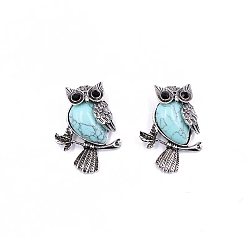 Synthetic Turquoise Synthetic Turquoise Pendants, Antique Silver Plated Metal Owl Charms, 35~45mm