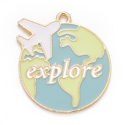 White Alloy Enamel Pendants, Plane with Earth & Word Explore, Light Gold, White, 29x26x1.5mm, Hole: 2mm
