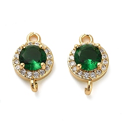 Green Brass Pave Cubic Zirconia Connector Charms, Flat Round Links, Real 18K Gold Plated, Green, 14.5x9x5mm, Hole: 1.5mm