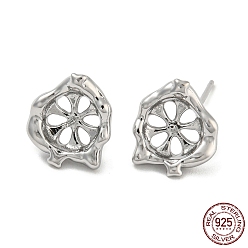 Real Platinum Plated Rhodium Plated Flower 925 Sterling Silver Stud Earring Findings, Earring Settings for Half Drilled Beads, with S925 Stamp, Real Platinum Plated, 11.5x11mm, Pin: 10x0.7mm and 0.7mm(for Half Drilled Beads)