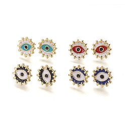 Mixed Color Brass Enamel Stud Earrings, Sun with Evil Eye, Golden, Mixed Color, 14x14x1.5mm, Pin: 1mm