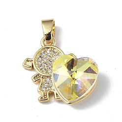 Champagne Yellow Real 18K Gold Plated Rack Plating Brass Micro Pave Clear Cubic Zirconia Pendants, with Glass, Long-Lasting Plated, Cadmium Free & Lead Free, Girl with Heart Charm, Champagne Yellow, 20.8x17x8mm, Hole: 6x3mm
