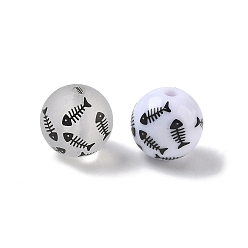 Mixed Color Printed Opaque & Frosted Transparent Acylic Beads, Round with Fishbone, Mixed Color, 16mm, Hole: 2.5mm
