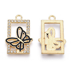 Black Alloy Enamel Pendants, with Rhinestone, Cadmium Free & Lead Free, Rectangle with Butterfly, Light Gold, Black, 26x17.5x2mm, Hole: 2.2mm