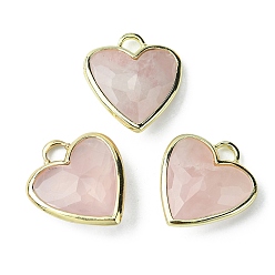 Rose Quartz Natural Rose Quartz Pendants, Faceted Heart Charms, with Rack Plating Light Gold Plated Brass Edge, 23x20x7mm, Hole: 4x4mm
