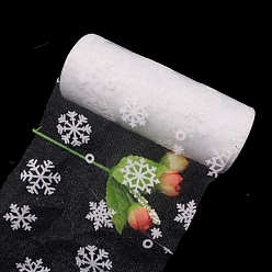 White 10 Yards Christmas Polyester Deco Mesh Ribbon, Printed Snowflake Tulle Fabric, for Bowknot Making, White, 150mm