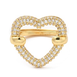 Real 18K Gold Plated Clear Cubic Zirconia Hollow Heart Adjustable Ring, Brass Ring, Cadmium Free & Lead Free, Real 18K Gold Plated, Inner Diameter: 15~23mm