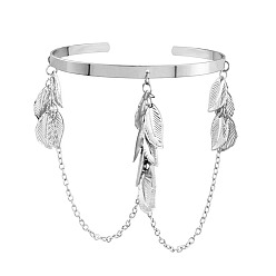 silver Chic and Stylish Metal Leaf Arm Cuff with Chain - Perfect for Street Style!