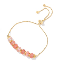 Клубничный Кварц Регулируемые браслеты-слайдеры в богемном стиле из натурального клубничного кварца с бисером и металлической цепочкой-коробочкой, бусина : 8x5 mm