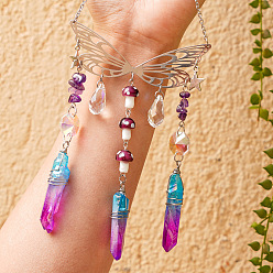 Fuchsia Wire Wrapped Glass Pendant Decorations, Hanging Suncatchers, with Metal Wing Link and Natural Amethyst Chips, for Home Garden Decorations, Mushroom, Fuchsia, 220mm