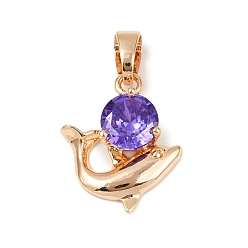 Лиловый Латунные микро проложить кубического циркония подвески, прелести дельфинов, долговечный, без свинца и без кадмия, сирень, 18x15x4.5 мм, отверстие : 4.5x3 мм