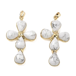 Howlite Natural Howlite Pendants, Cross Charms, with Golden Tone Brass Findings, 38~41x22.5~23.5x5.5~6mm, Hole: 5.5x3.5mm