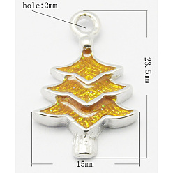 Gold Brass Enamel Pendants, Lead Free and Nickel Free, Christmas Tree, Platinum Color, Gold, 23.5x15x3mm, Hole: 2mm