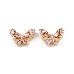 Pink Латунные многорядные звенья-бабочки с кубическим цирконием, реальный 18 k позолоченный, розовые, 12x18x6.5 мм, отверстие : 1.5 мм