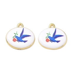 Marine Blue Printed Brass Pendants, Oval with Bird Charms, Rack Plating, Long-Lasting Plated, Lead Free & Cadmium Free, Real 18K Gold Plated, Marine Blue, 19x19.5x3.5mm, Hole: 2mm