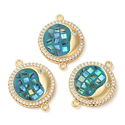 Светлый Морско-зеленый Покрытие стойки латунь микро-паве прозрачный кубический цирконий плоский круглый с подвесками в форме луны, с ракушкой и эмалью, реальный 18 k позолоченный, долговечный, без свинца и без кадмия, светло-зеленый, 24x18x3 мм, отверстие : 2 мм