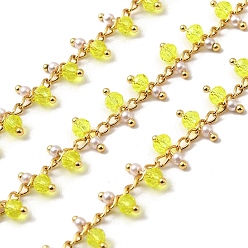 Yellow Handmade Brass Link Chain, with Glass Beads and ABS Beads, Soldered, with Spool, Real 18K Gold Plated, Yellow, 3x2x0.2mm and 7x3mm, about 16.40 Feet(5m)/Roll