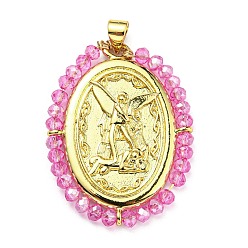 Fuchsia Brass with Glass Pendants, Cadmium Free & Lead Free, Real 18K Gold Plated, Oval with Angel Pattern, Fuchsia, 35x26x3mm, Hole: 3.5x4mm