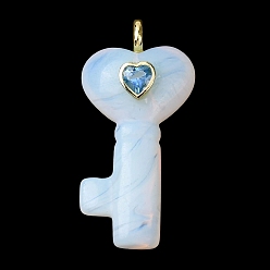Опал Opalite подвески, Подвески в виде сердечек с ключиками, украшенные латунными фианитами., золотые, 46.5~48x22~23.5x11.5~13.5 мм, отверстие : 4 мм