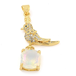 White Rack Plating Brass Micro Pave Clear Cubic Zirconia Pendants, with Glass, Long-Lasting Plated, Cadmium Free & Lead Free, Real 18K Gold Plated, Bird Charms, White, 32x20x6mm, Hole: 4x3.5mm