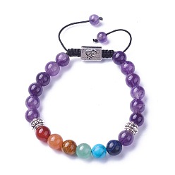 Amethyst Chakra Jewelry, Natural & Synthetic Mixed Stone Braided Bead Bracelets, with Natural Amethyst, Alloy Findings and Nylon Cord, Rectangle with Om Symbol, 2 inch~3 inch(5.2~7.6cm)