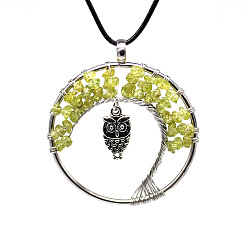 Peridot Natural Peridot Chips Tree of Life Pendant Necklaces, Brass Owl Necklace with Wax Ropes, 19.69 inch(50cm)