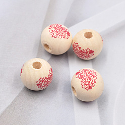 PapayaWhip Valentine's Day Theme Printed Wood European Beads, Large Hole Beads, Round with Word Happy Valentine's Day, PapayaWhip, 16mm, Hole: 4mm
