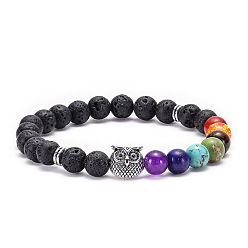 Owl - Ancient Silver Lava Volcano Stone Leopard Lion Owl Bracelet with Seven Chakra Stones and Natural Buddha Head Beads