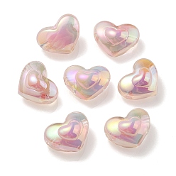 Pink UV Plating Rainbow Iridescent Transparent Acrylic Beads, Two Tone, Heart, Pink, 13x16.5x9mm, Hole: 3mm